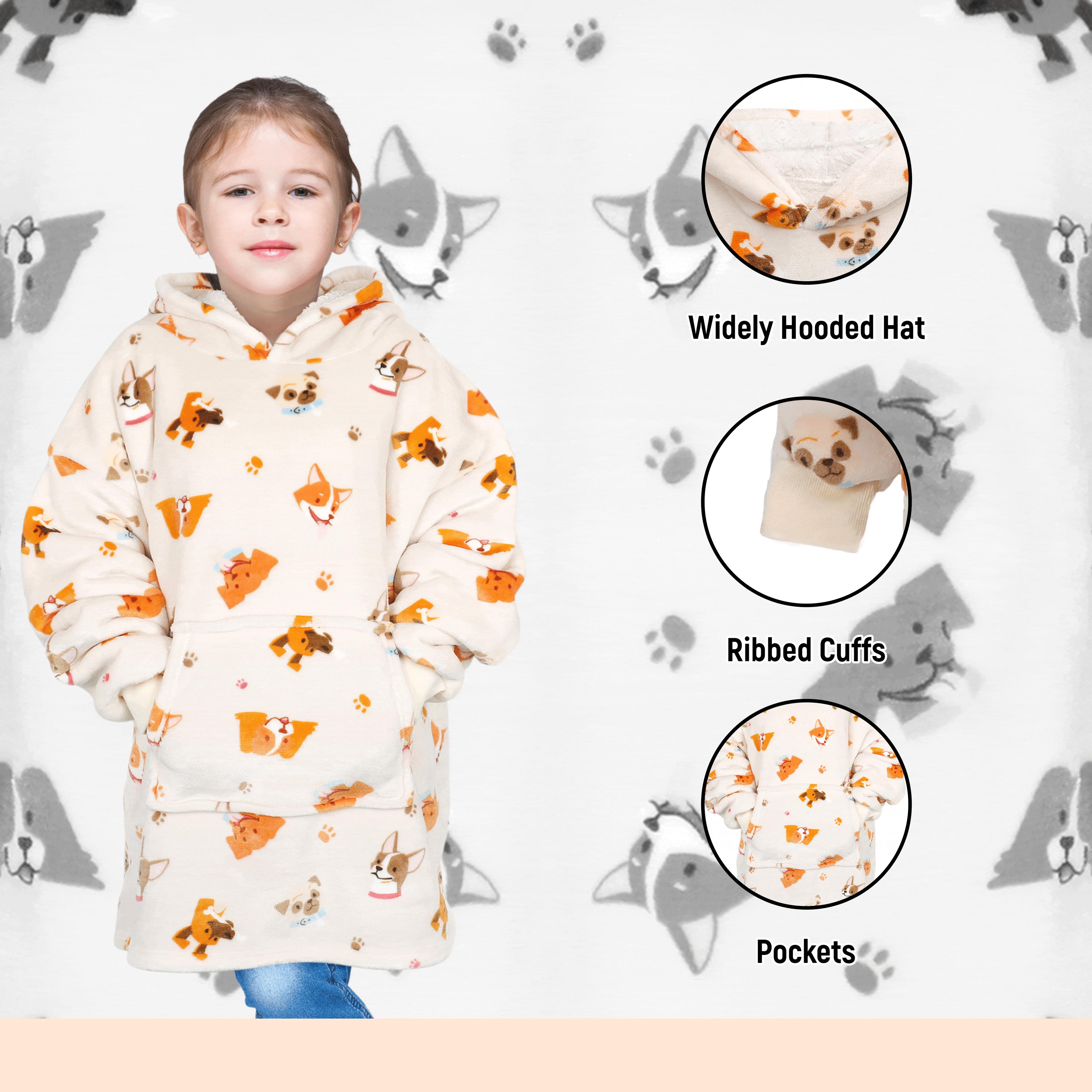 Kids' Oversized Hooded Blanket Hoodie – Dogs Print, Sherpa-Lined, Ages 8–15 | OLIVIA ROCCO